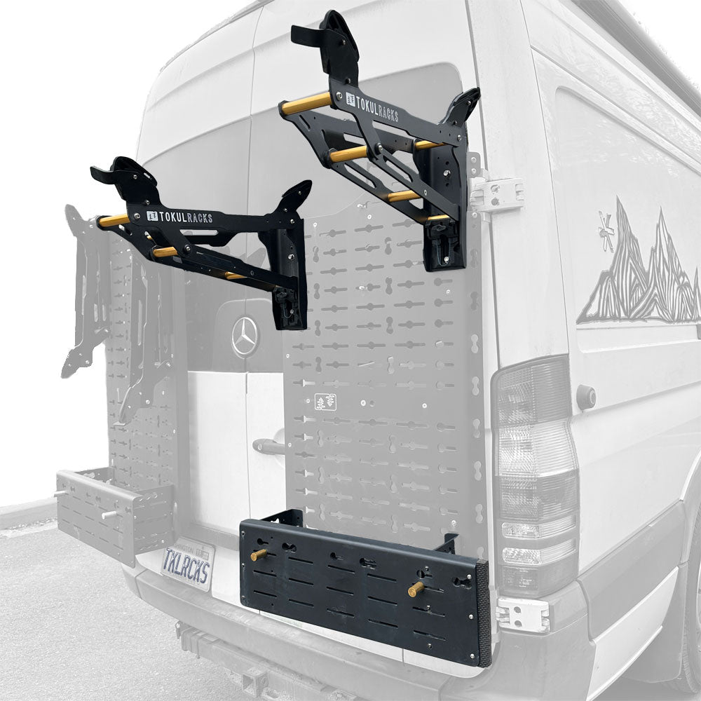Tokul Racks double Panel Bike Rack with Extra Special Basket on van rear door