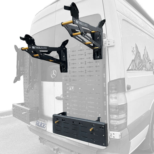 Tokul Racks double Panel Bike Rack with Extra Special Basket on van rear door