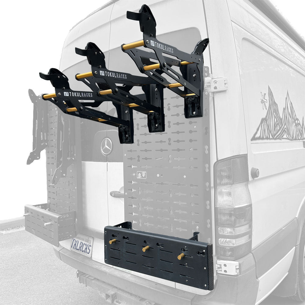 Tokul Racks triple Panel Bike Rack with Extra Special Basket on van rear door